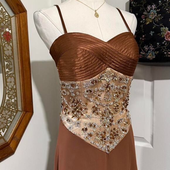 Nina Canacci Shimmery Brown & Silver Natural Stone Beaded Formal Prom Dress 2 - Picture 2 of 8